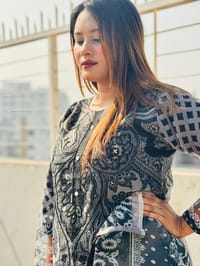 New Eid Collection Trendy Embroidery Work Digital Print Farsi Cut Organza 3 Piece Women Dress - Smoky Grey Elegance_img_2