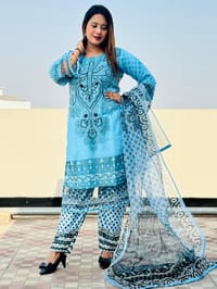 New Eid Collection Trendy Embroidery Work Digital Print Farsi Cut Organza 3 Piece Women Dress - Aqua Noor Sky Turquoise Blue Elegance_img_0