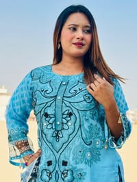 New Eid Collection Trendy Embroidery Work Digital Print Farsi Cut Organza 3 Piece Women Dress - Aqua Noor Sky Turquoise Blue Elegance_img_2