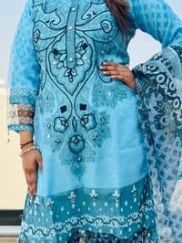 New Eid Collection Trendy Embroidery Work Digital Print Farsi Cut Organza 3 Piece Women Dress - Aqua Noor Sky Turquoise Blue Elegance_img_1