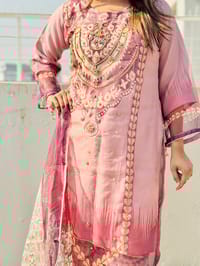 New Eid Collection Luxury Embroidery Work Digital Print Farsi Cut Organza 3 Piece Women Dress - Blush Rose Pink Elegance_img_2