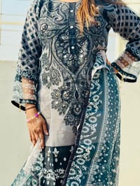 New Eid Collection Trendy Embroidery Work Digital Print Farsi Cut Organza 3 Piece Women Dress - Smoky Grey Elegance_img_1