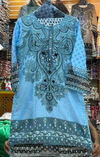 New Eid Collection Trendy Embroidery Work Digital Print Farsi Cut Organza 3 Piece Women Dress - Aqua Noor Sky Turquoise Blue Elegance_img_3
