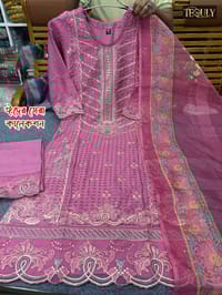 New Festive Design Rose Pink Embroidery Work Cotton Organza 3 Piece Women Dress_img_0