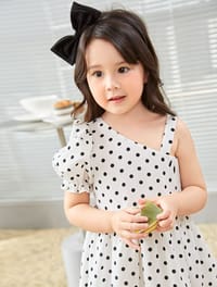 Girls Polka Dot Print Asymmetric Neck Dress_img_3