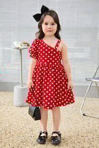 Girls Polka Dot Print Asymmetric Neck Dress_img_2