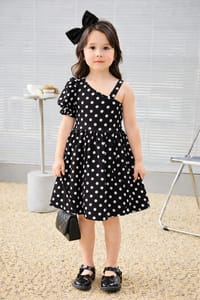 Girls Polka Dot Print Asymmetric Neck Dress_img_1