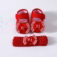 বেবি গার্লস ব্যাপটিজম জুতা এবং হেডব্যান্ড সেট, নবজাতক শিশুর নরম সোল প্রিন্সেস জুতা এবং চুলের ব্যান্ড_img_1