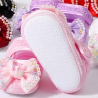 বেবি গার্লস ব্যাপটিজম জুতা এবং হেডব্যান্ড সেট, নবজাতক শিশুর নরম সোল প্রিন্সেস জুতা এবং চুলের ব্যান্ড_img_3