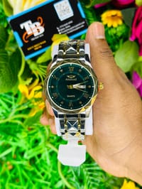 Premium Silver & Gold Quartz Watch with Green Dial – Day & Date Display_img_1