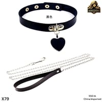 Black Leather Choker Collar with Heart Pendant & Chain Leash Set_img_2