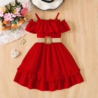 Kids Girls Red Ruffle Party Dress with Belt (3 to 8 years)_img_0