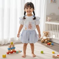 Baby Girl Bunny Print Top & Blue Check Shorts Set (1 to 6 years)_img_1