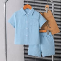 Boys Summer Cotton Blue Shirt & Shorts Set (3 to 8 Years) – Lightweight Textured Kids 2PCS Outfit_img_1