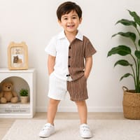 Kids Half White & Brown Ribbed Shirt & Shorts Set | Stylish Baby Boy Outfit (6 Months–3 Years)_img_0