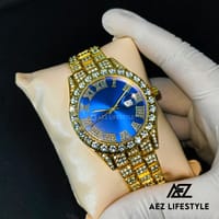 Full Iced Hip Hop Golden Watch Blue Dial_img_0