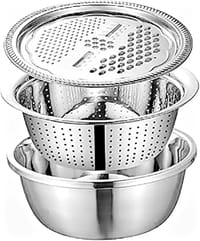 Stainless Steel Drain Basket 3 in 1 Original Chinese Vegetable Cutter Cheese Grater Fruit Rice Food Washing Bowl Strainer Set Salad Bowl_img_5