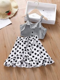 গ্রীষ্মকালীন স্টাইলিশ মেয়েদের ফ্যাশনেবল ড্রেস সেট – স্ট্রাইপ টপ ও পোলকা ডট স্কার্ট_img_0