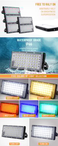 RGB LED Flood Light- Remote Controlled IP66 Waterproof Landscape & Outdoor Lighting (50W, AC220V) – Black Color_img_2