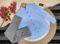 Band collar sky shirt with Ash cargo gabardine pant_img_1