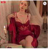 Ice silk pajamas women long sleeve sexy lace hollow nightdress_img_5