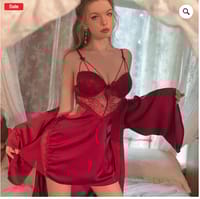 Ice silk pajamas women long sleeve sexy lace hollow nightdress_img_6