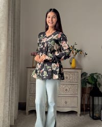 Black Floral Printed V Neck Full Sleeve Pure Cotton Top_img_2