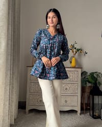 Blue Small Booti V Neck Peplum Top_img_0