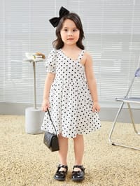 Girls Polka Dot Print Asymmetric Neck Dress_img_0