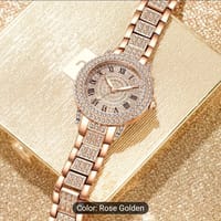 Elegant Women's Quartz Watch - Glamorous Rose Golden with Sparkling Gemstones, Roman Numerals, Stainless Steel Band 012_img_4
