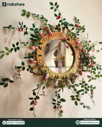 wooden mirror 23/23'' size wooden wave + pink mini rose vine_img_3