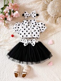 Adorable Polka Dot Puff Sleeve Baby Girl Outfit with Tulle Skirt & Matching Headband – 3 Colors_img_2