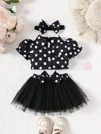 Adorable Polka Dot Puff Sleeve Baby Girl Outfit with Tulle Skirt & Matching Headband – 3 Colors_img_3