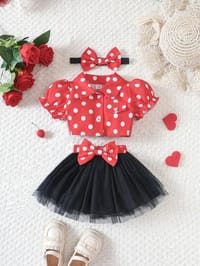 Adorable Polka Dot Puff Sleeve Baby Girl Outfit with Tulle Skirt & Matching Headband – 3 Colors_img_1