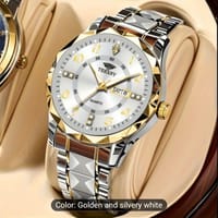 Fashion Men'S Quartz Watch Rhombus Numeral Dial Double Calendar Luminous Waterproof Steel Strap Watch Rhinestone Decorative Watch Business Watch Gift 002_img_0