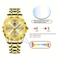 Fashion Men'S Quartz Watch Rhombus Numeral Dial Double Calendar Luminous Waterproof Steel Strap Watch Rhinestone Decorative Watch Business Watch Gift 002_img_2