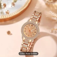 Elegant Women's Quartz Watch - Glamorous Rose Golden with Sparkling Gemstones, Roman Numerals, Stainless Steel Band 012_img_1
