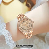 Elegant Women's Quartz Watch - Glamorous Rose Golden with Sparkling Gemstones, Roman Numerals, Stainless Steel Band 012_img_2