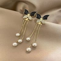 Cubic Zirconia Decor Butterfly & Faux Pearl Drop Earrings_img_0