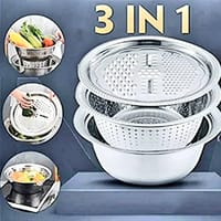 3 in 1 Stainless Steel Drain Basket Vegetable Cheese Grater Fruit Rice Food Washing Bowl Strainer Set Salad Bowl_img_0
