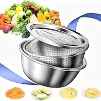 3 in 1 Stainless Steel Drain Basket Vegetable Cheese Grater Fruit Rice Food Washing Bowl Strainer Set Salad Bowl_img_2