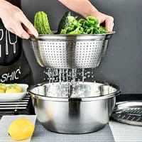 3 in 1 Stainless Steel Drain Basket Vegetable Cheese Grater Fruit Rice Food Washing Bowl Strainer Set Salad Bowl_img_6