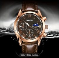 WOKAI Men's Business Quartz Watch - Rose Golden Accents, Brown Faux Leather Strap, Black Dial with Roman Numerals & World Time Zone, Elegant Analog Display for Casual Attire, WOKAI 031_img_0