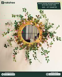 wooden mirror 23/23'' size wooden wave + pink mini rose vine_img_0