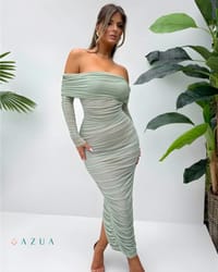 Off Shoulder Mesh Ruched Midi Dress_img_1