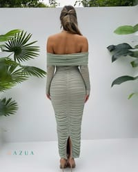 Off Shoulder Mesh Ruched Midi Dress_img_2