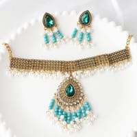 Luxury Premium Quality Indian Style Green Stone Luxury Jhumka Necklace Set_img_3