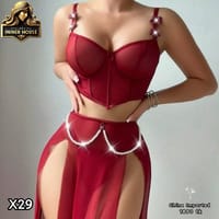 Sexy Red & Pink Two-Piece Sheer Skirt Lingerie Set with Crystal Chain Waist Detail – Elegant Women’s Nightwear & Party Wear Outfit_img_0