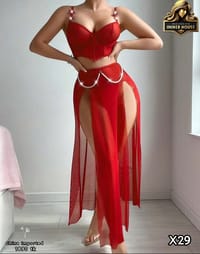 Sexy Red & Pink Two-Piece Sheer Skirt Lingerie Set with Crystal Chain Waist Detail – Elegant Women’s Nightwear & Party Wear Outfit_img_4