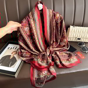 Burgundy Ethnic Print Silk-Satin Long Scarf
